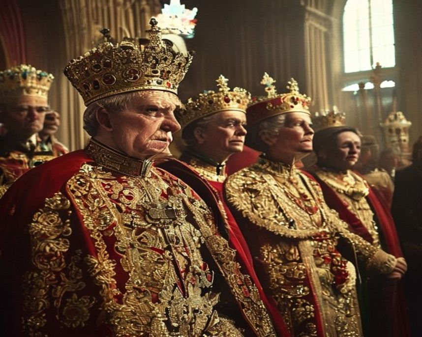 Imagem gerada por IA representando A Coroação Inesperada: Jorge VI, de Gago a Rei por Dever