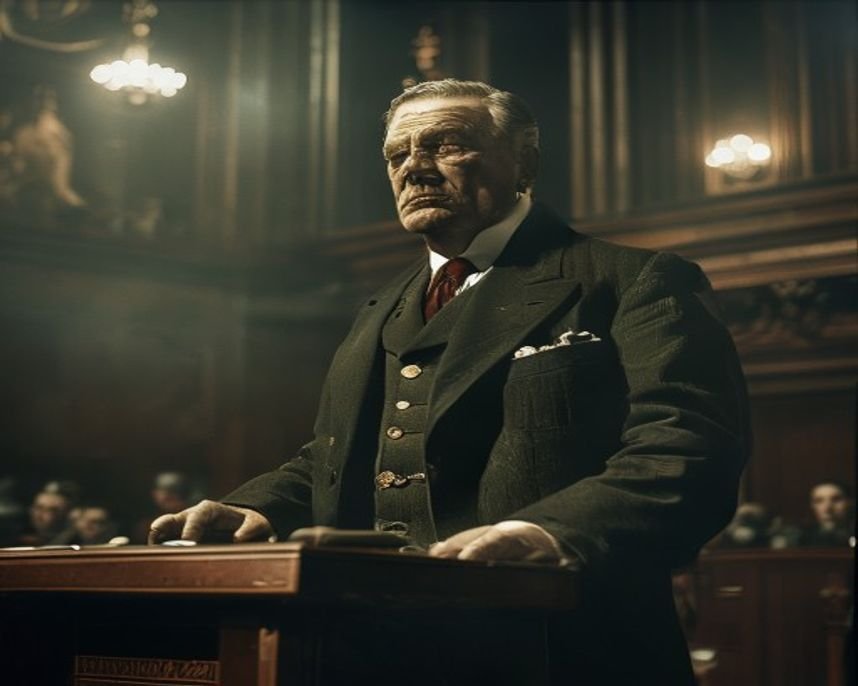 Imagem gerada por IA representando Churchill e o Discurso Inesquecível: Sangue, Esforço, Lágrimas e Suor