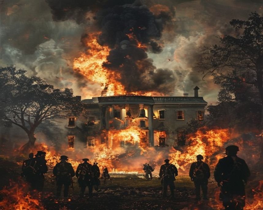 Imagem gerada por IA representando A Trágica História da Casa Branca Queimada: Um Efeito Dominó de Conflitos