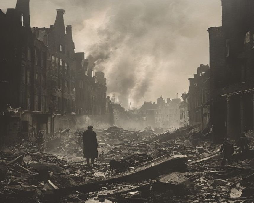 Imagem gerada por IA representando Cicatrizes de Guerra em Rotterdam