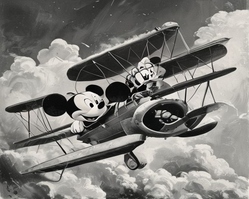 Imagem gerada por IA representando O Primeiro Voo de um Ícone: A Estreia Não Oficial de Mickey Mouse